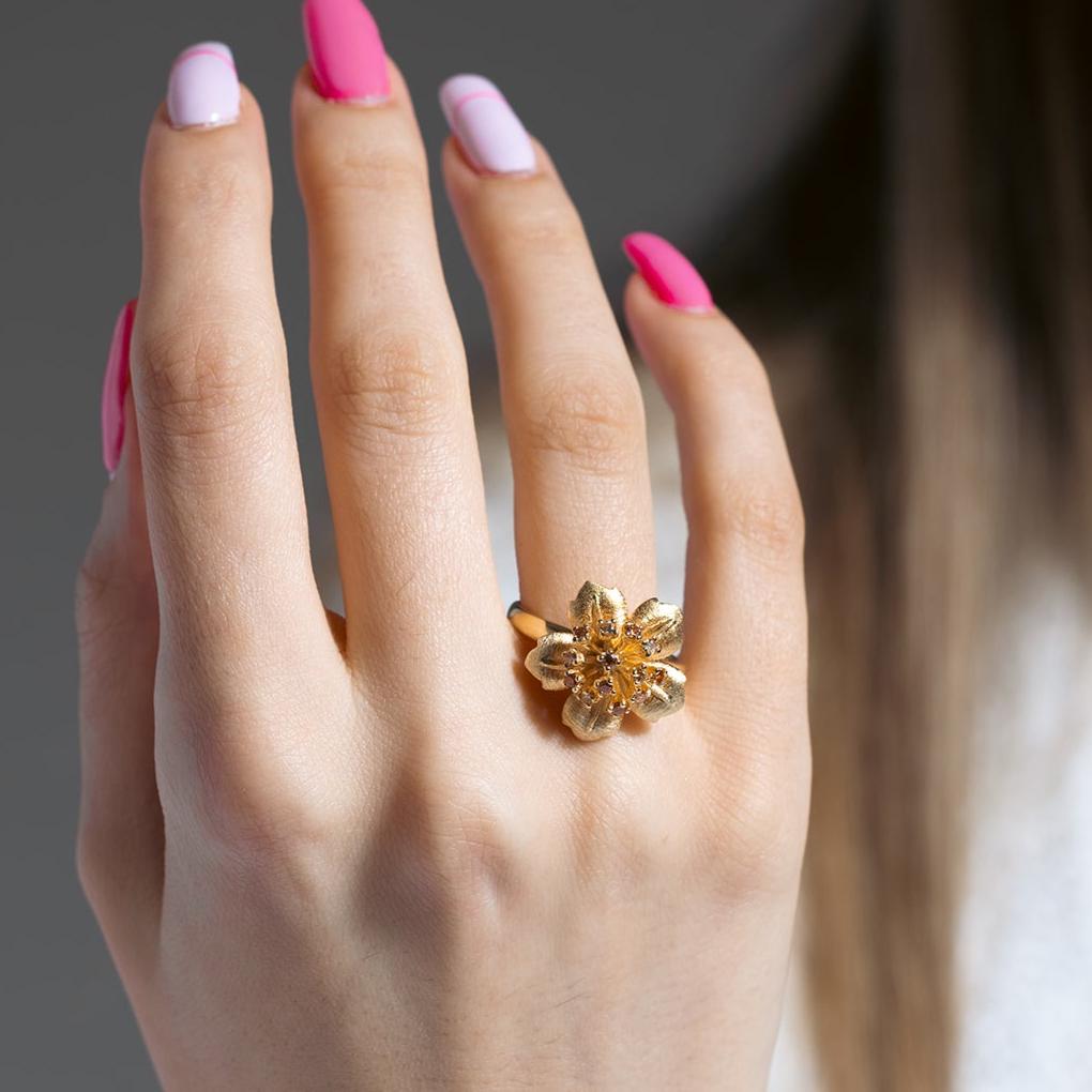 Clearance-Silver 925 Gold Plated Clear CZ Flower Ring - BGR00161