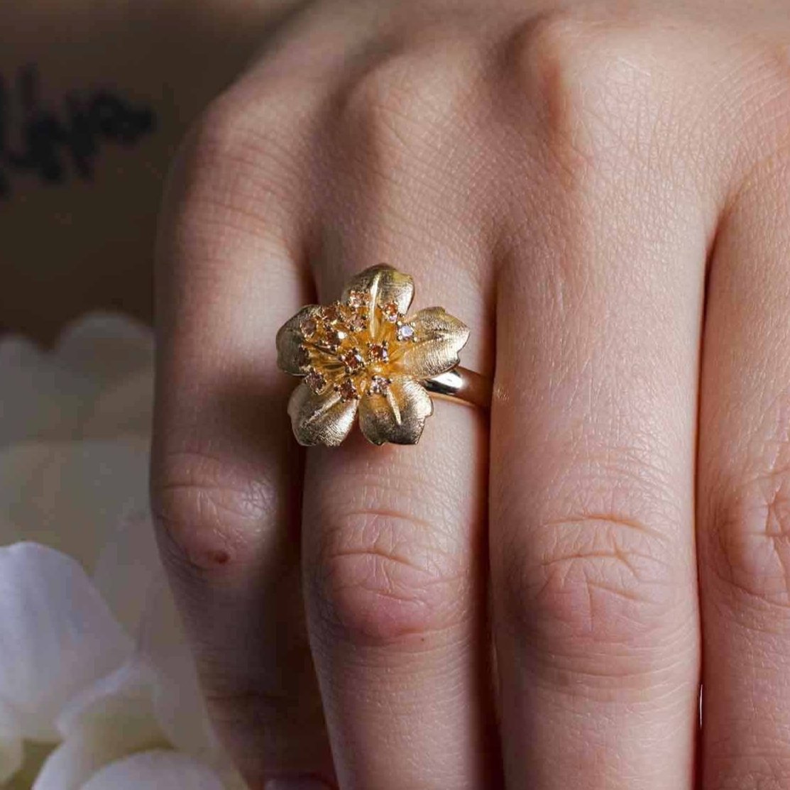 Clearance-Silver 925 Gold Plated Clear CZ Flower Ring - BGR00161