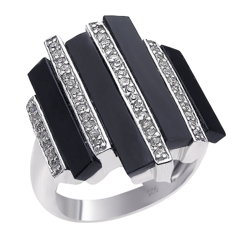 Closeout-Silver 925 Rhodium Plated Multiple Onyx Clear CZ Bars Ring - BGR00166