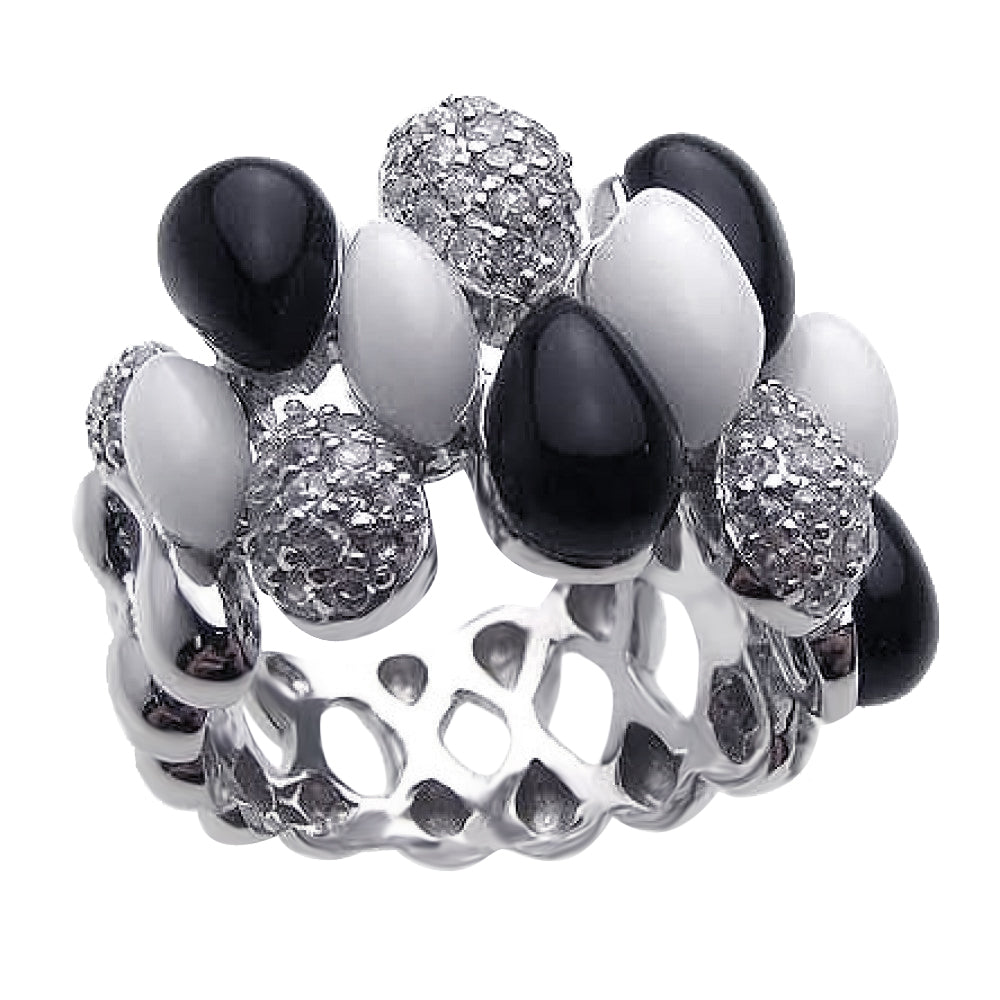 Anillo de plata 925 rodiada con múltiples formas de ónix y esmalte blanco con circonitas cúbicas transparentes - BGR00168