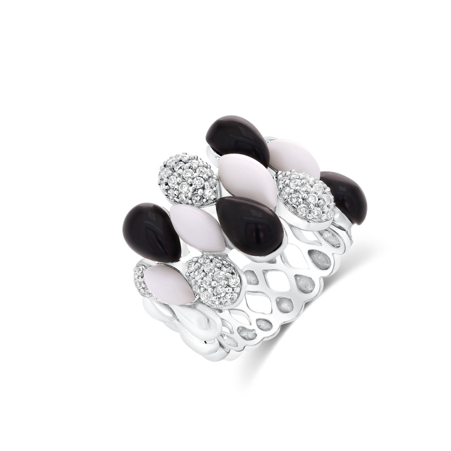 Clearance-Silver 925 Rhodium Plated Multi Shaped Onyx White Enamel Clear CZ Ring - BGR00168