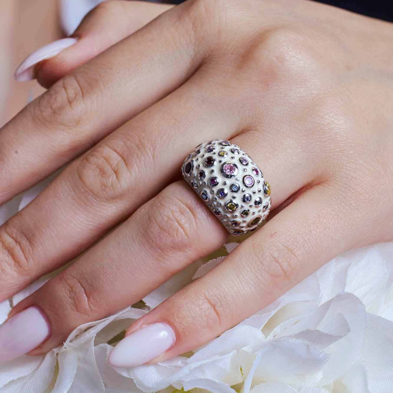 Clearance-Silver 925 Rhodium Plated White Enamel Multi Colored CZ Dome Ring - BGR00177