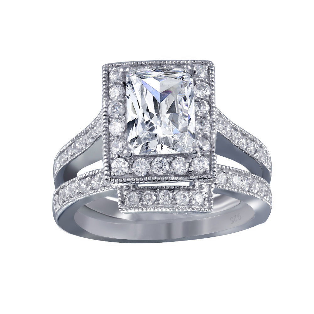 Anillo nupcial cuadrado de plata de ley 925 rodiada con circonitas cúbicas transparentes - BGR00198