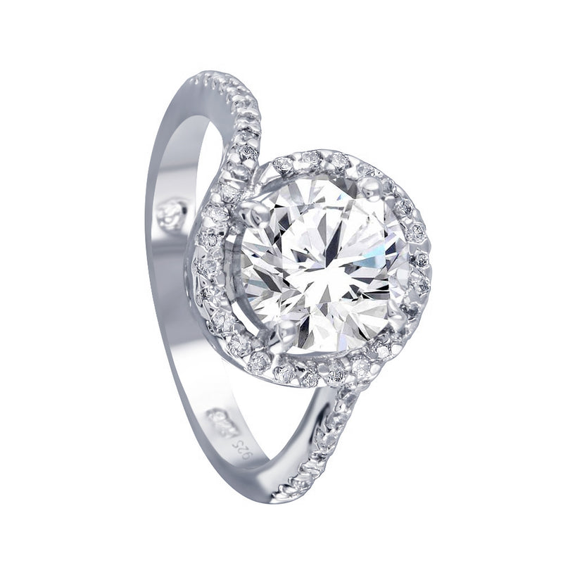Rhodium Plated 925 Sterling Silver Clear Round Center CZ Bridal Ring - BGR00366