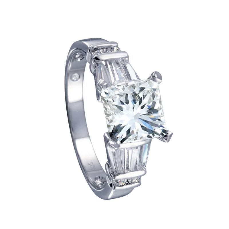 Rhodium Plated 925 Sterling Silver Clear Princess Cut Center Round Baguette CZ Bridal Ring - BGR00385