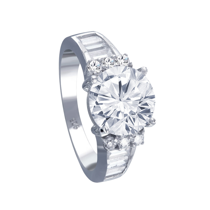 Silver 925 Rhodium Plated Clear Baguette Round Center Center CZ Bridal Ring - BGR00389
