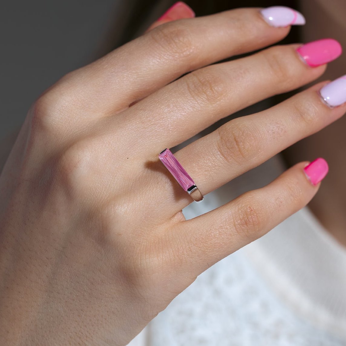 Clearance-Silver 925 Rhodium Plated Long Pink CZ Bar Ring - BGR00003PNK