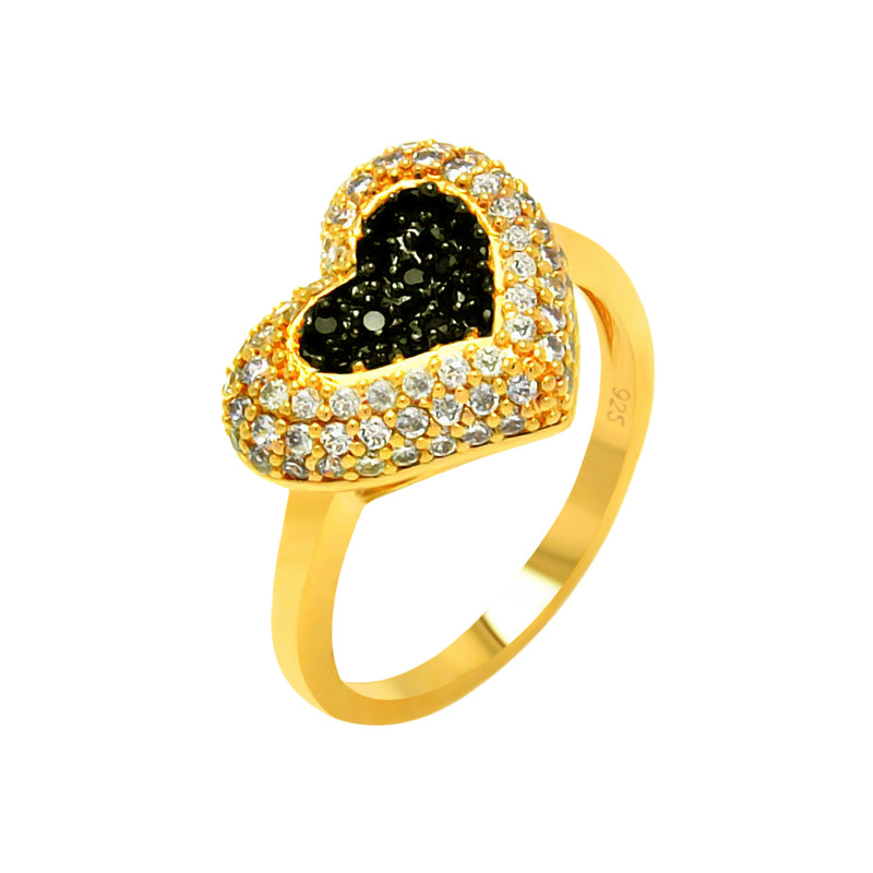 Closeout-Silver 925 Gold and Black Rhodium Plated Clear and Black Pave Set Heart Ring - BGR00605