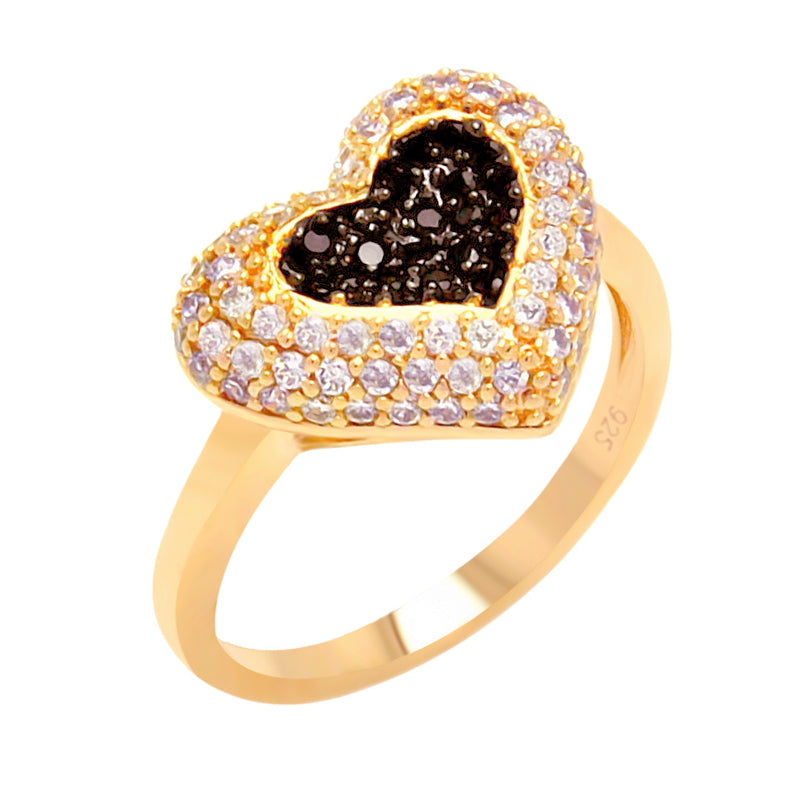 Clearance-Silver 925 Rose Gold and Black Rhodium Plated Clear and Black Pave Set Heart Ring - BGR00605