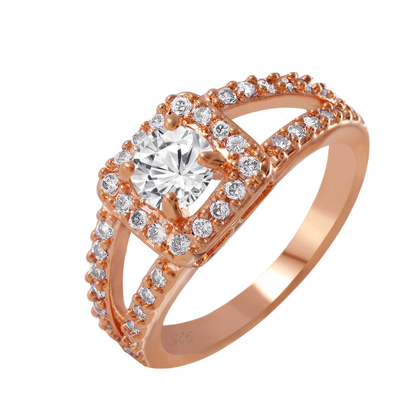Silver 925 Rose Gold Plated Round Clear CZ Ring - BGR00606