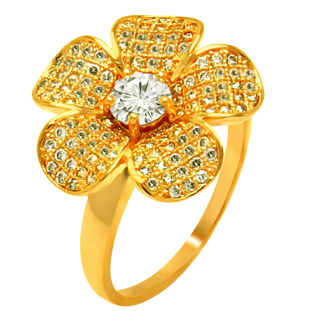Clearance-Silver 925 Rose Gold Plated Clear Micro Pave CZ Flower Ring - BGR00610