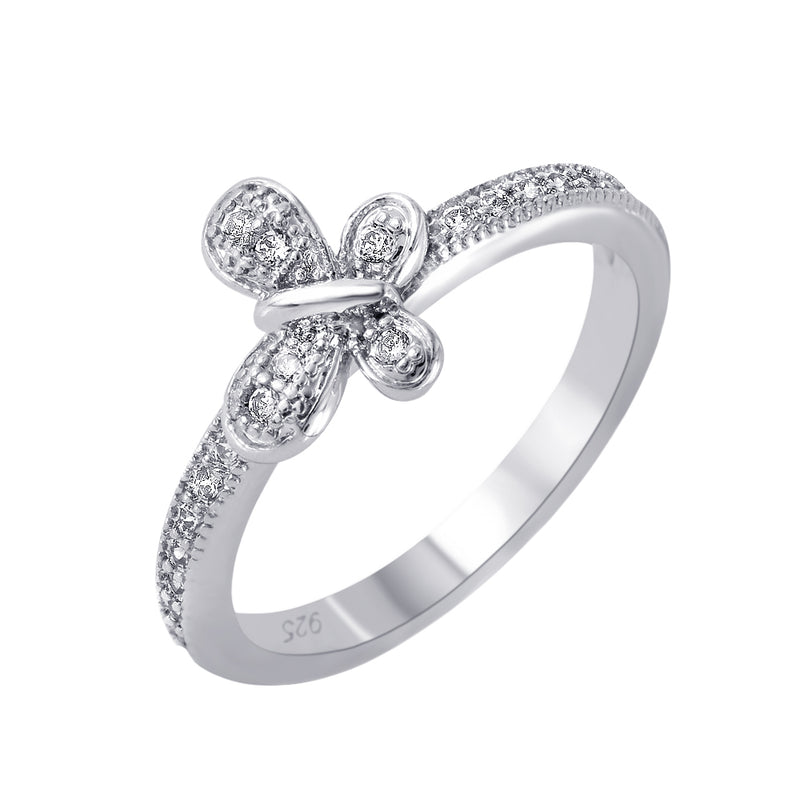 Silver 925 Rhodium Plated Clear Pave Set CZ Butterfly Ring - BGR00615