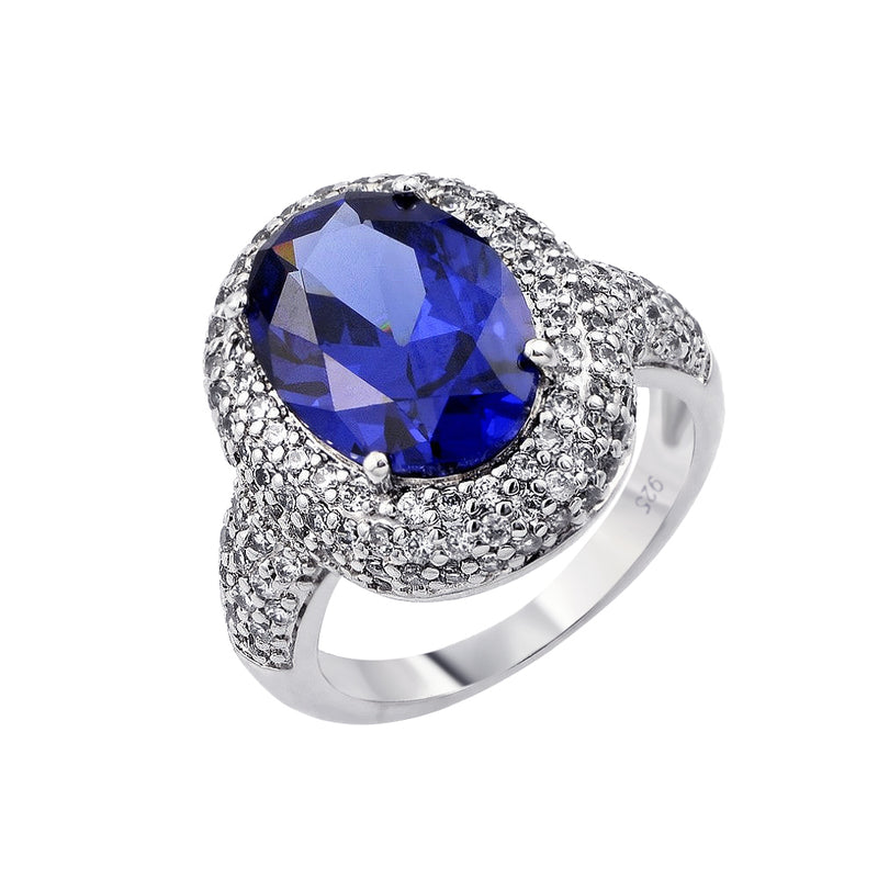 Silver 925 Rhodium Plated Blue Oval Center and Clear Micro Pave Set CZ Ring - BGR00778