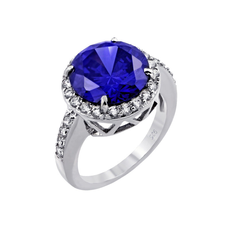 Silver 925 Rhodium Plated Blue Round and Clear Inlay CZ Bridal Ring - BGR00780