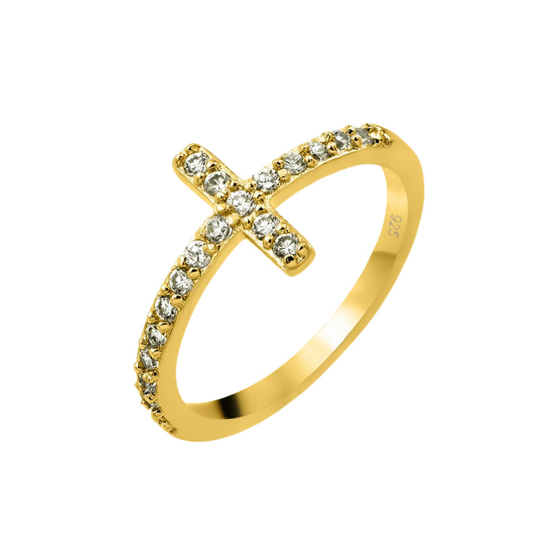 Silver 925 Gold Plated Clear Inlay CZ Cross Ring - BGR00783GP