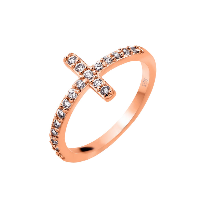 Silver 925 Rose Gold Plated Clear CZ Cross Ring - BGR00783RGP