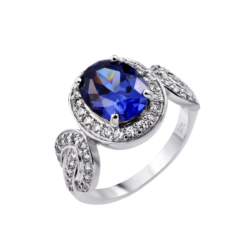 Silver 925 Rhodium Plated Blue Center and Clear Inlay CZ Bridal Ring - BGR00788