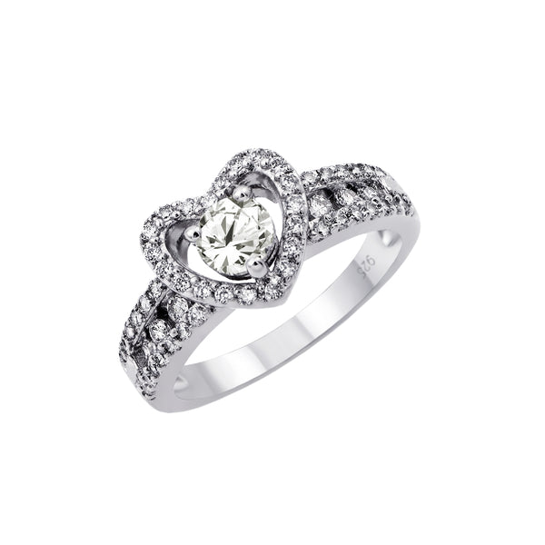 Silver 925 Rhodium Plated Clear Round Center CZ Heart Ring - BGR00789