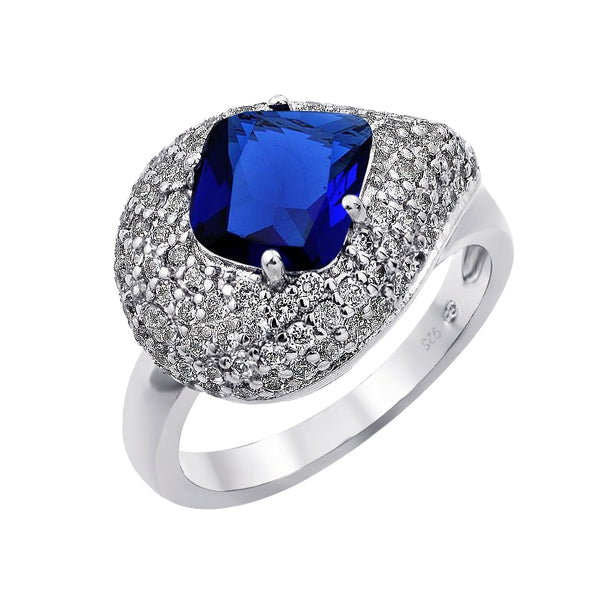 Silver 925 Rhodium Plated Blue Center Clear Pave Set CZ Teardrop Ring - BGR00868