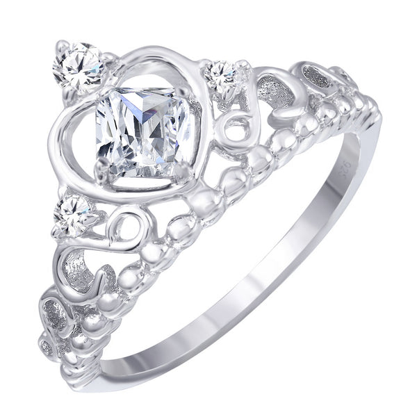 Silver 925 Rhodium Plated Crown Ring with Clear CZ - BGR01168CLR