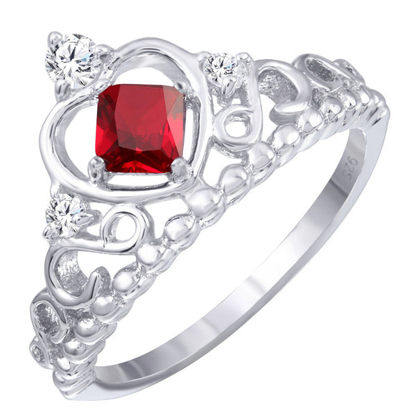 Rhodium Plated 925 Sterling Silver Crown Ring with Red and Clear CZ - BGR01168RED