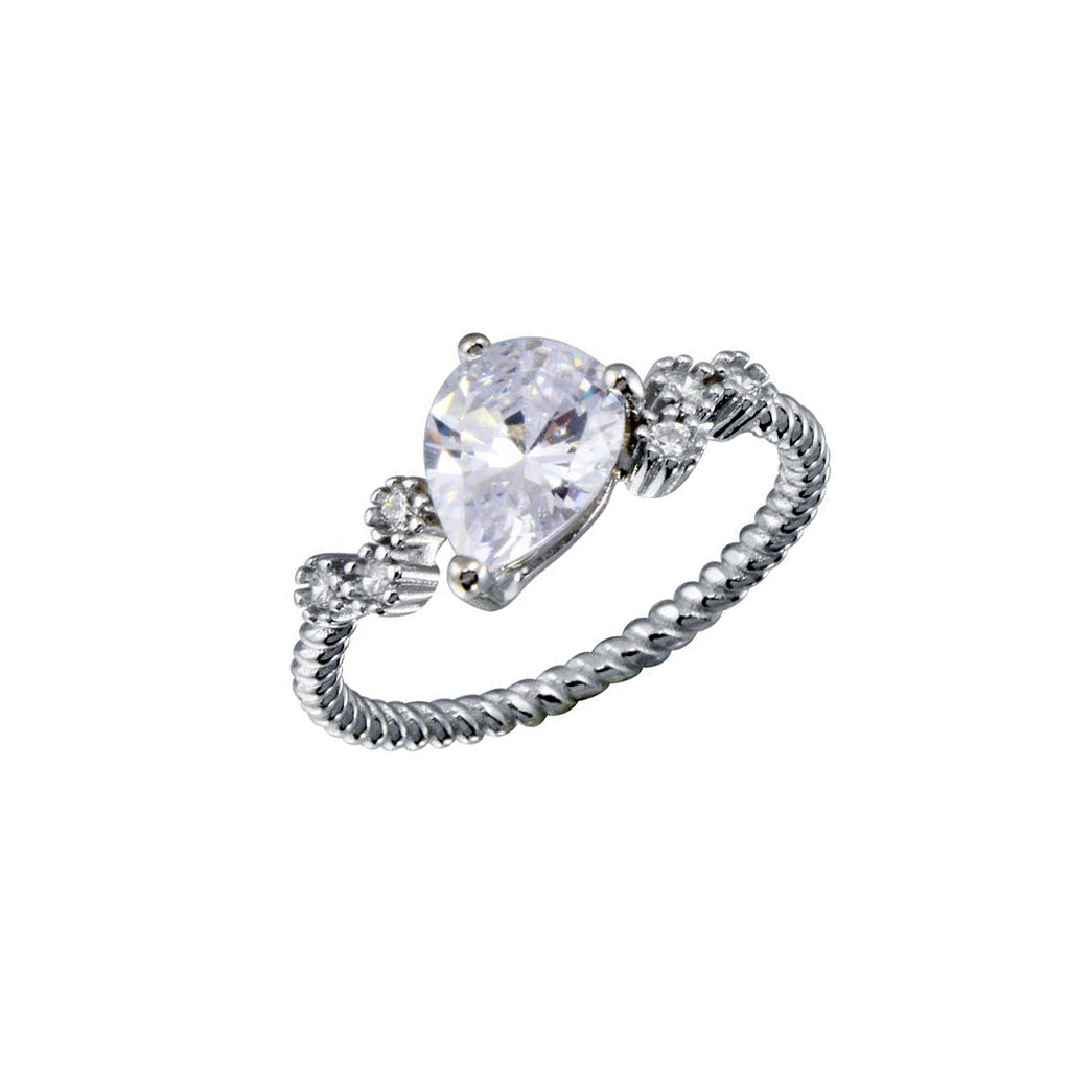 Rhodium Plated 925 Sterling Silver Angled Teardrop CZ Shank Ring - BGR01352