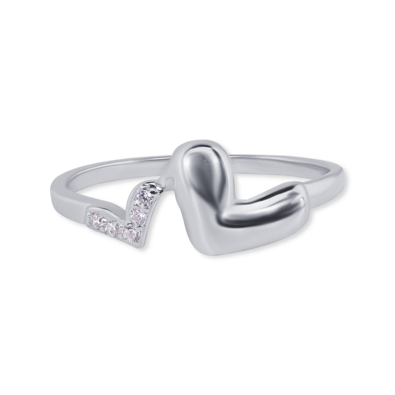 Rhodium Plated 925 Sterling Silver Twin Hearts Clear CZ 1.7mm Ring - BGR01368