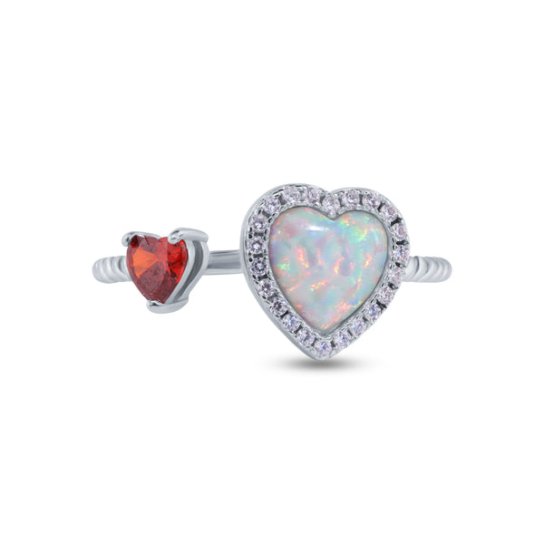 Rhodium Plated 925 Sterling Silver 2 Hearts Synthetic Opal and Red CZ 1.5mm Ring - BGR01374