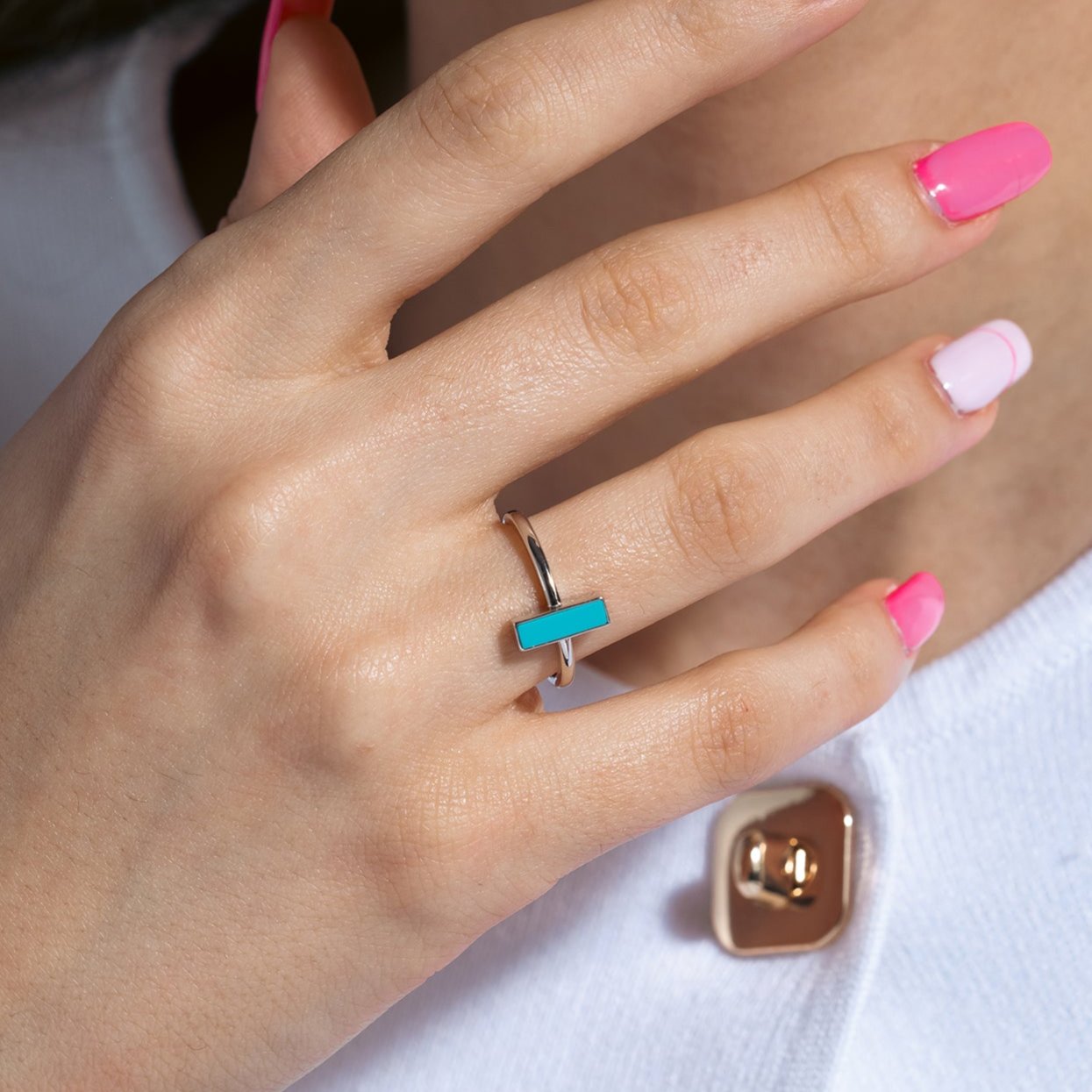 Rhodium Plated 925 Sterling Silver Turquoise Stone Bar Ring - BGR01371