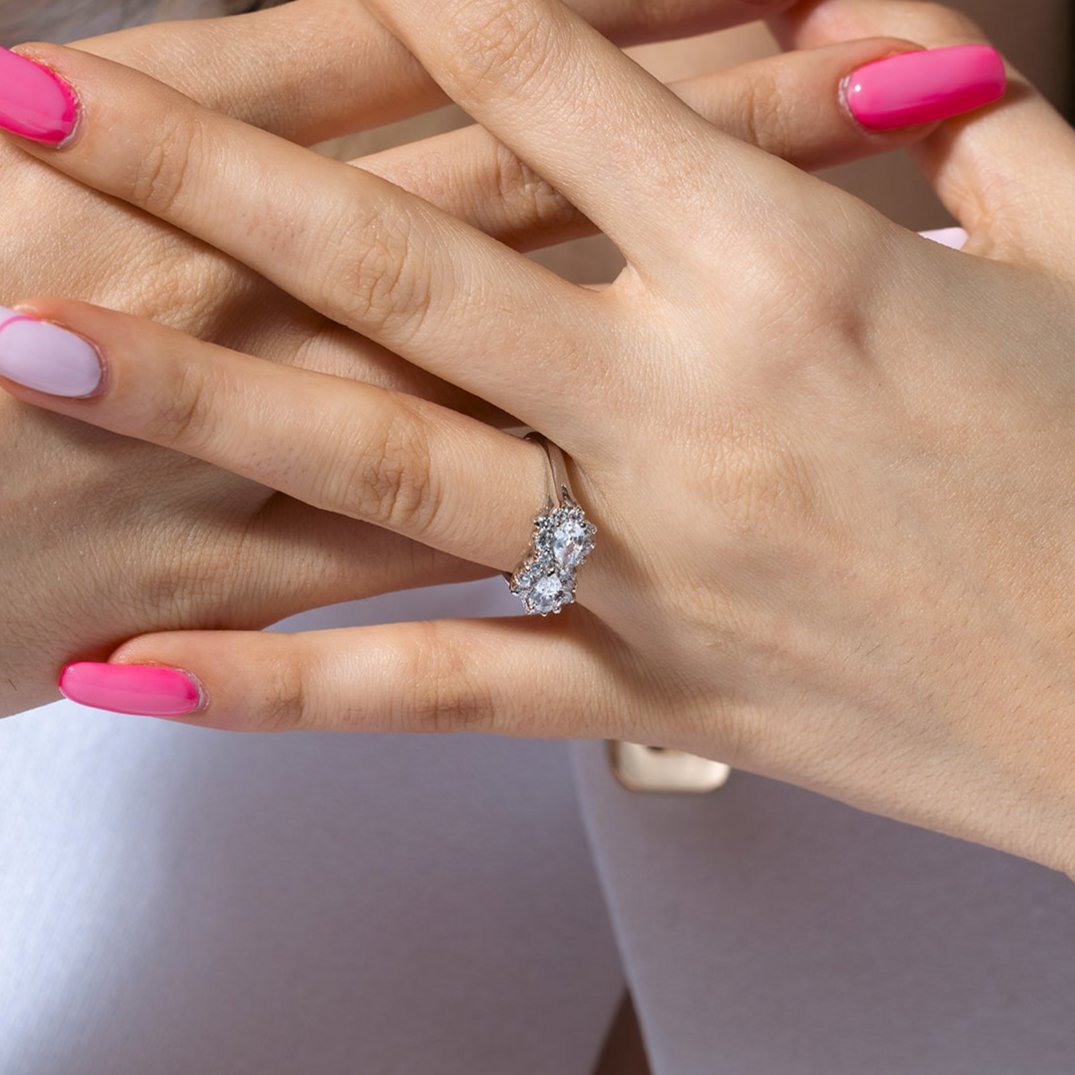 Silver 925 Rhodium Plated Double Cluster Ring - BGR00894