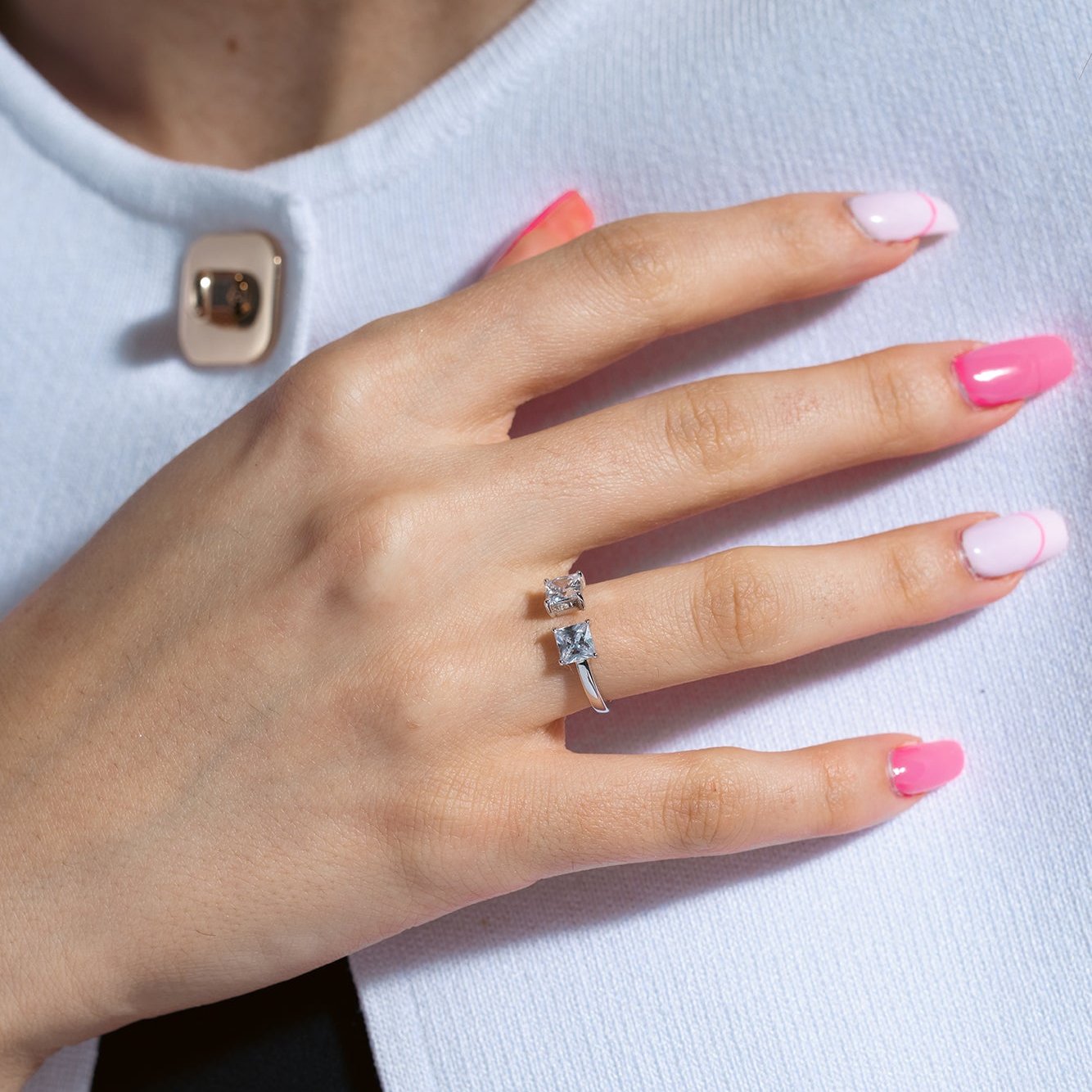 Silver 925 Square Open Adjustable CZ Ring - BGR00982