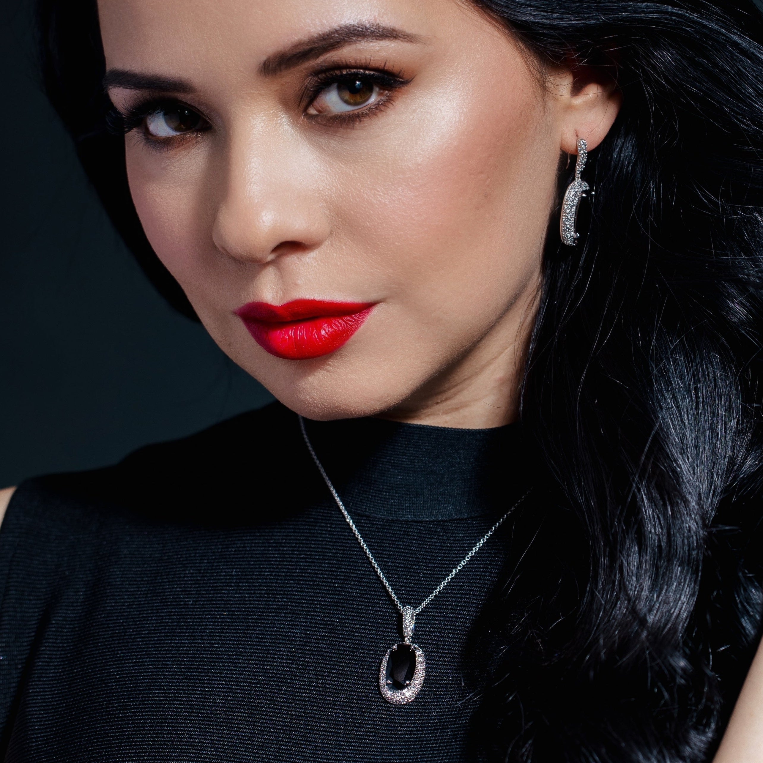 Clearance-Silver 925 Rhodium Plated Black Oval and Clear Micro Pave CZ Hook Earring and Dangling Necklace Set - BGS00041