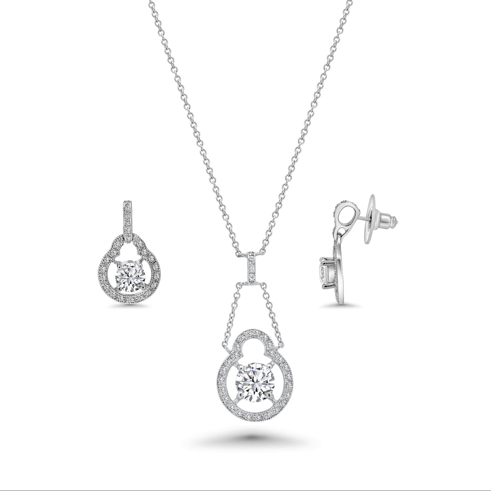 Clearance- Rhodium Plated 925 Sterling Silver Open Round Dangle CZ Earring and Necklace Set - BGS00043