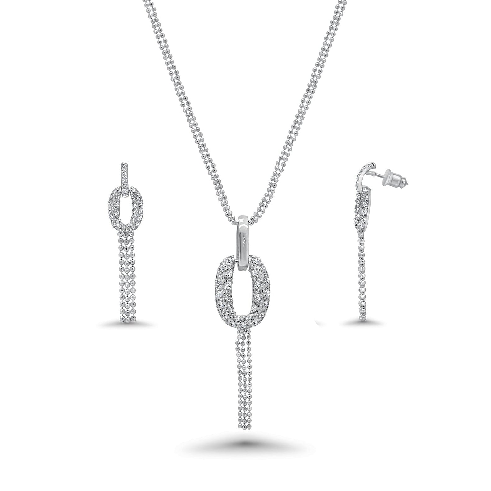 Rhodium Plated 925 Sterling Silver Clear Micro Pave Open Circle CZ Dangling Stud Earring and Necklace Set - BGS00044