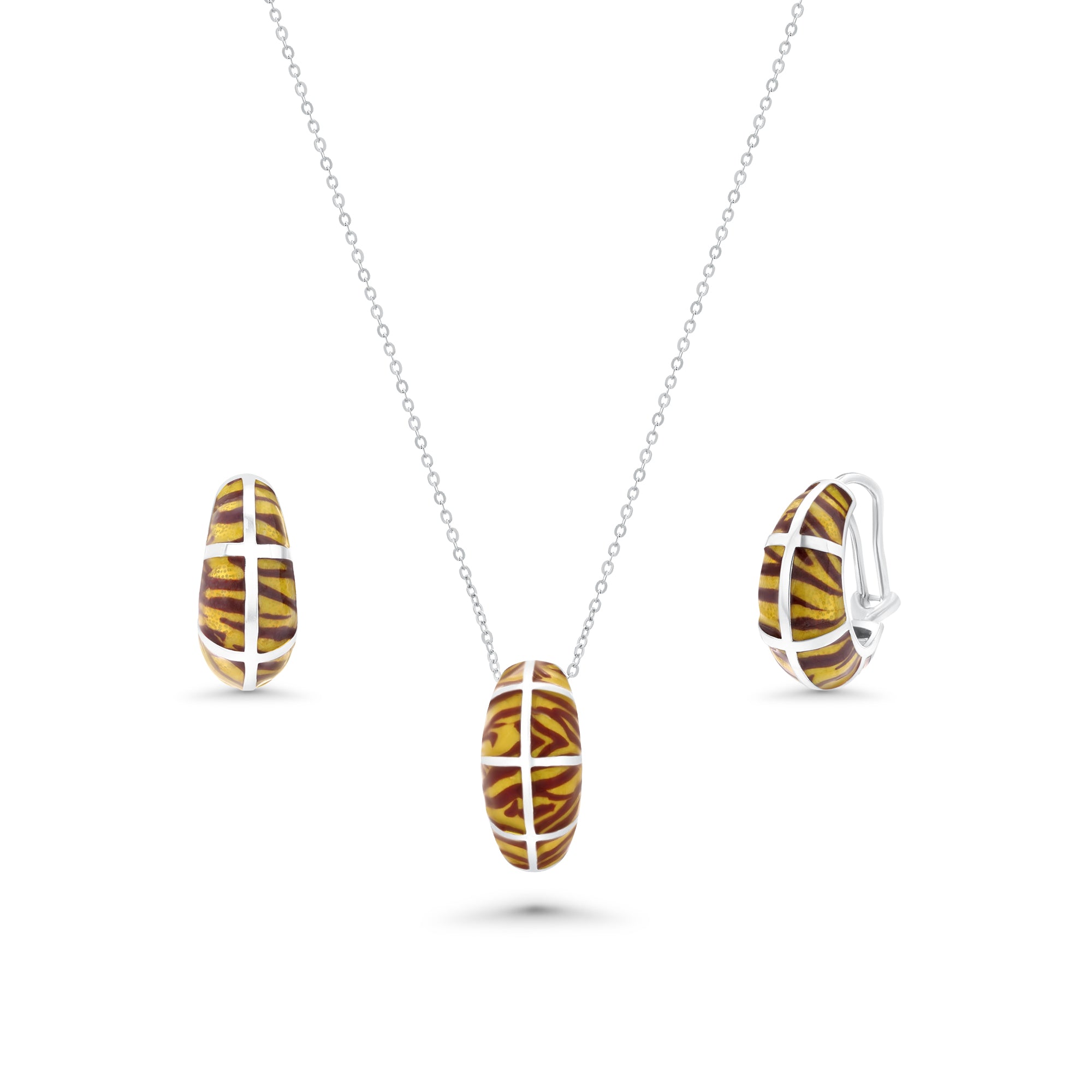Clearance-Silver 925 Rhodium Plated Tiger Stripe Print French Clip Earring and Necklace Set - BGS00062