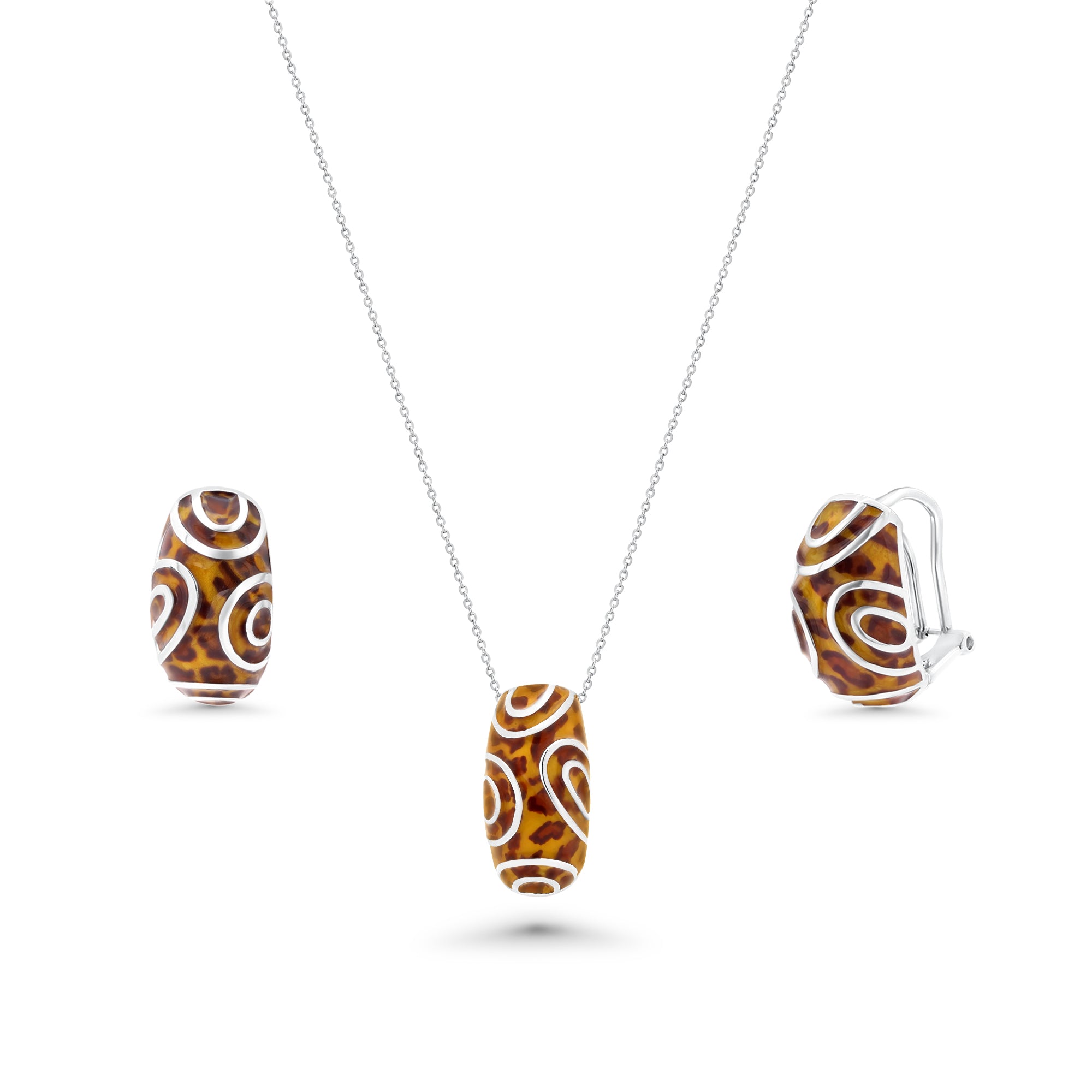 Clearance-Silver 925 Rhodium Plated Brown Leopard Print French Clip Earring and Necklace Set - BGS00066