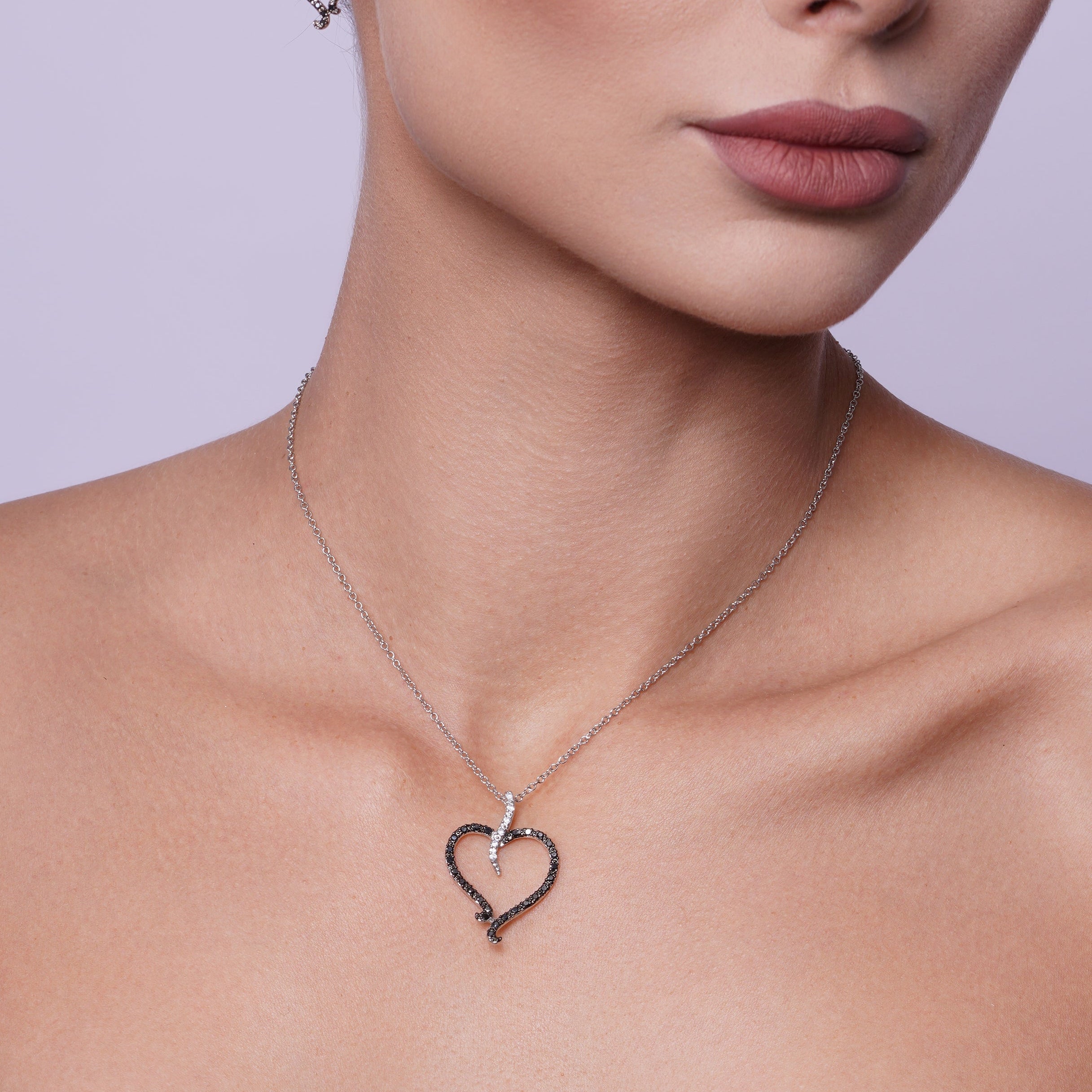 Clearance-Silver 925 Rhodium Plated Black and Clear Open Heart CZ Stud Earring and Dangling Necklace Set - BGS00070