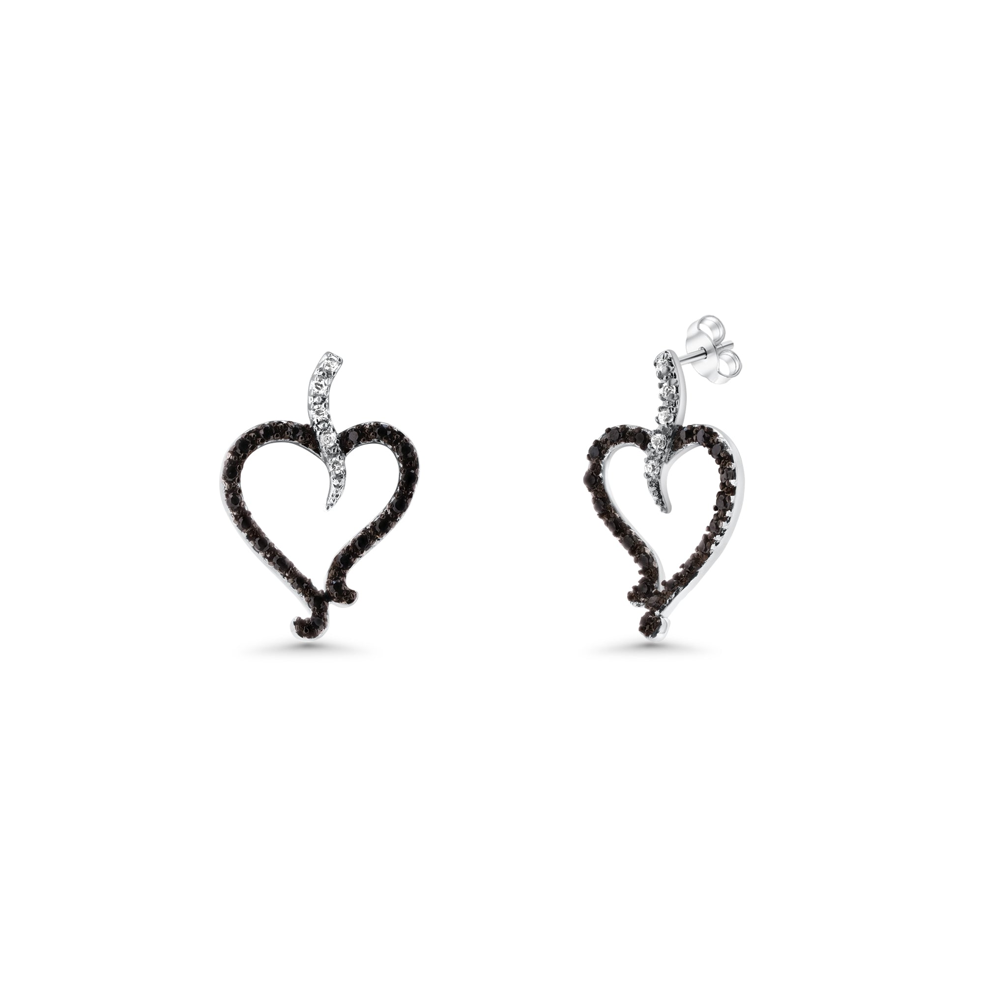 Clearance-Silver 925 Rhodium Plated Black and Clear Open Heart CZ Stud Earring and Dangling Necklace Set - BGS00070