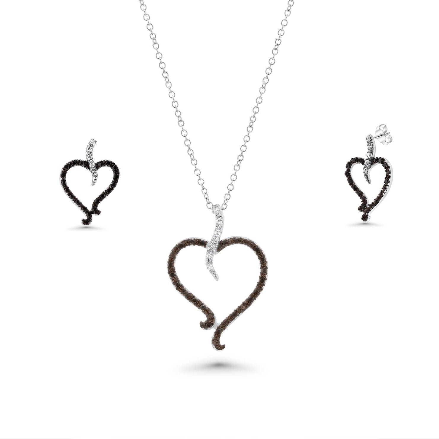 Clearance-Silver 925 Rhodium Plated Black and Clear Open Heart CZ Stud Earring and Dangling Necklace Set - BGS00070