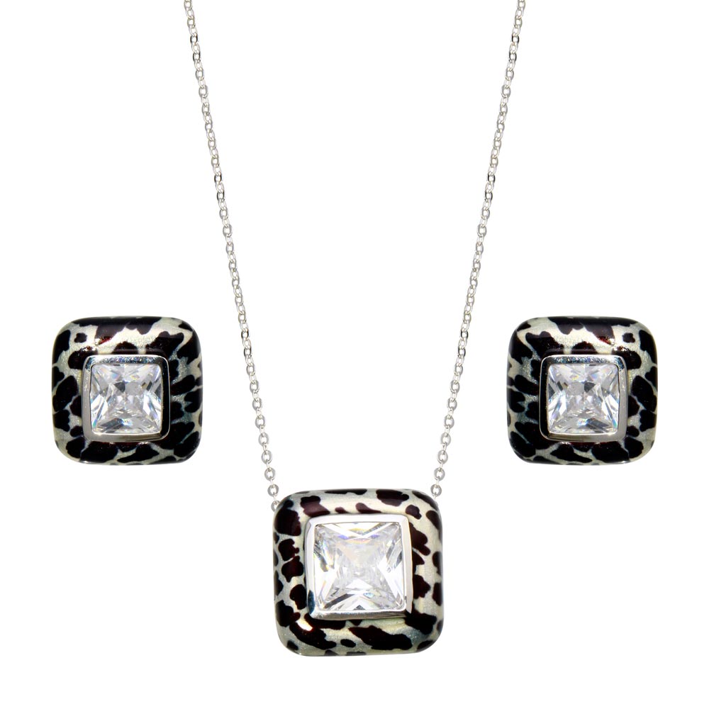 Clearance-Silver 925 Rhodium Plated Square Leopard Print Clear CZ Stud Earring and Necklace Set - BGS00073
