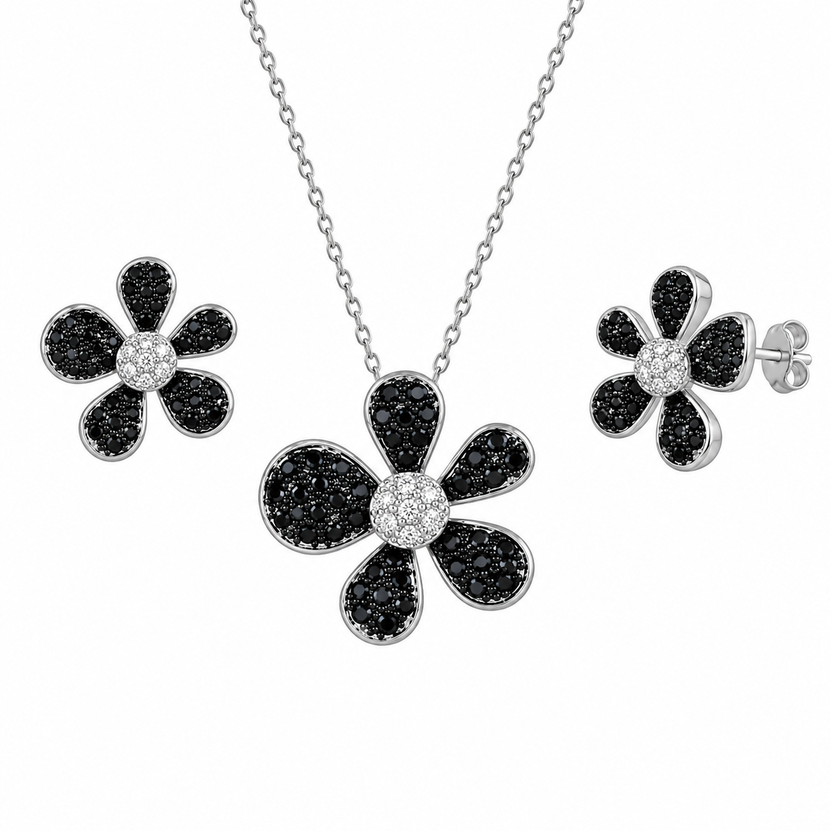 Conjunto de flor de circonitas cúbicas pavé negras y transparentes en plata de ley 925 con baño de rodio y rodio negro - BGS00079