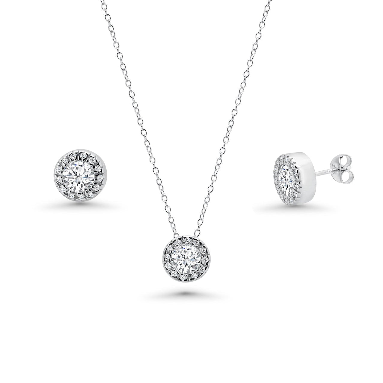 Silver 925 Rhodium Plated Clear Round Pave Set CZ Stud Earring and Necklace Set - BGS00081