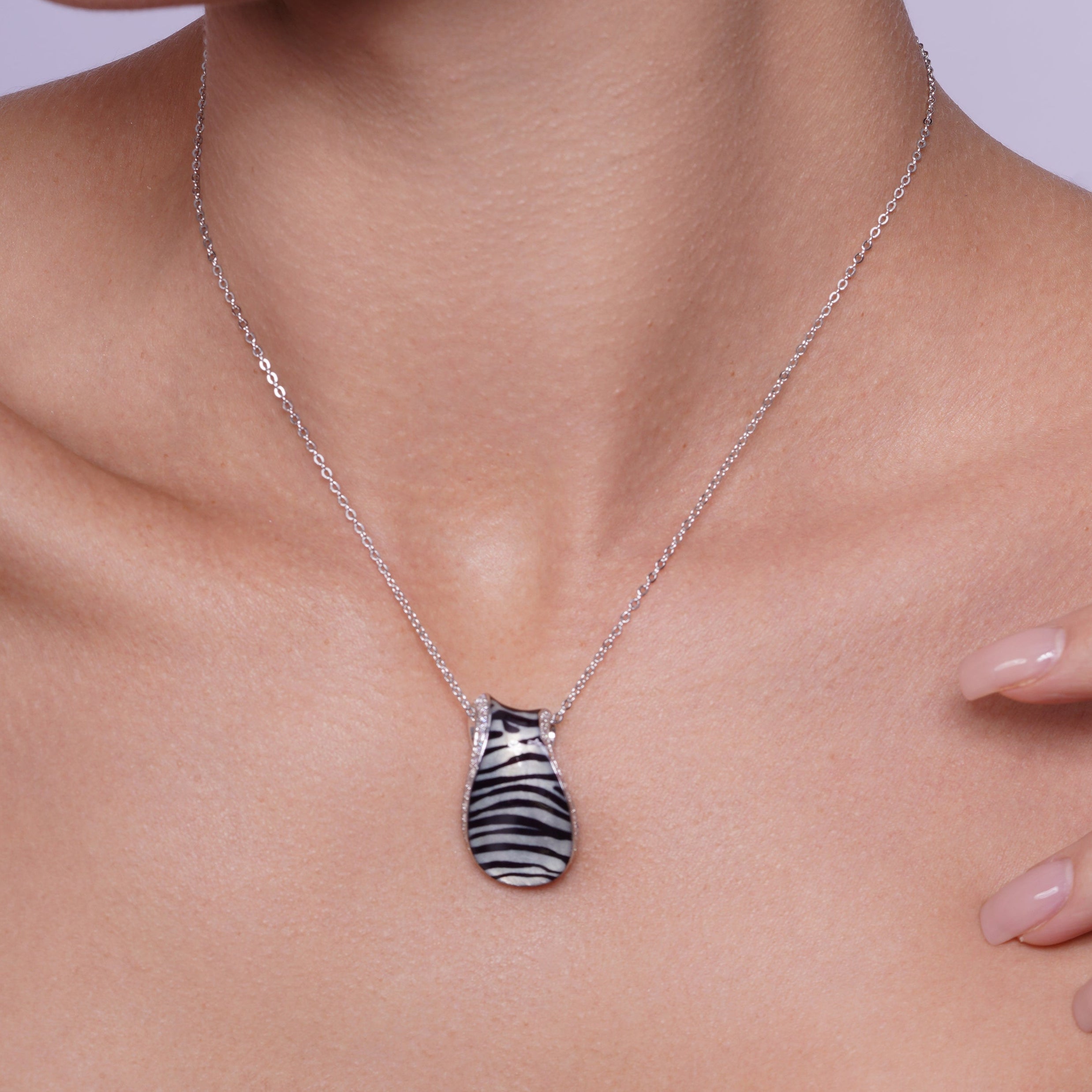Clearance-Silver 925 Rhodium Plated Zebra Stripe Print Folded Clear CZ Stud Earring and Necklace Set - BGS00084