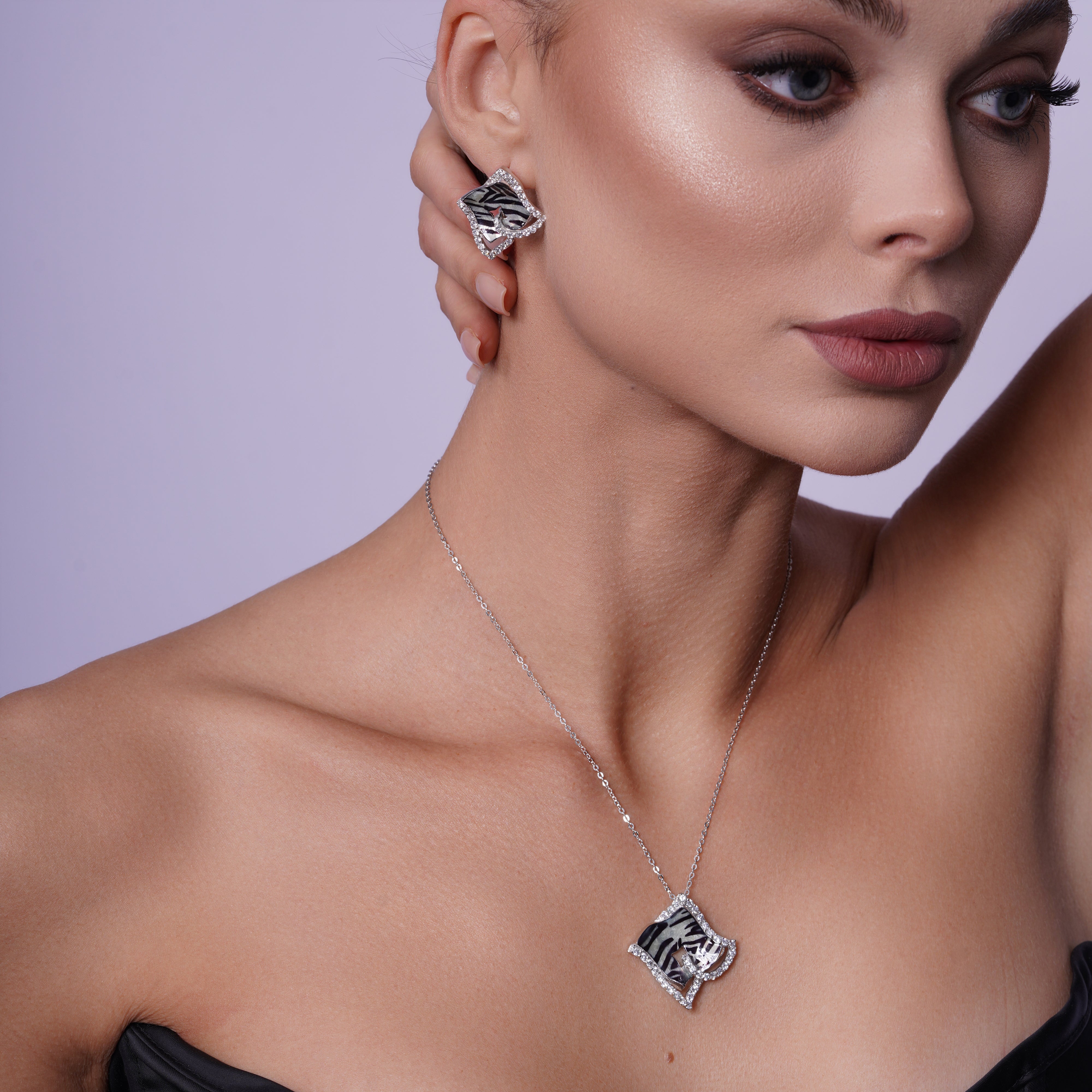 Clearance-Silver 925 Rhodium Plated Zebra Stripe Print Square Clear CZ French Clip Earring and Necklace Set - BGS00086