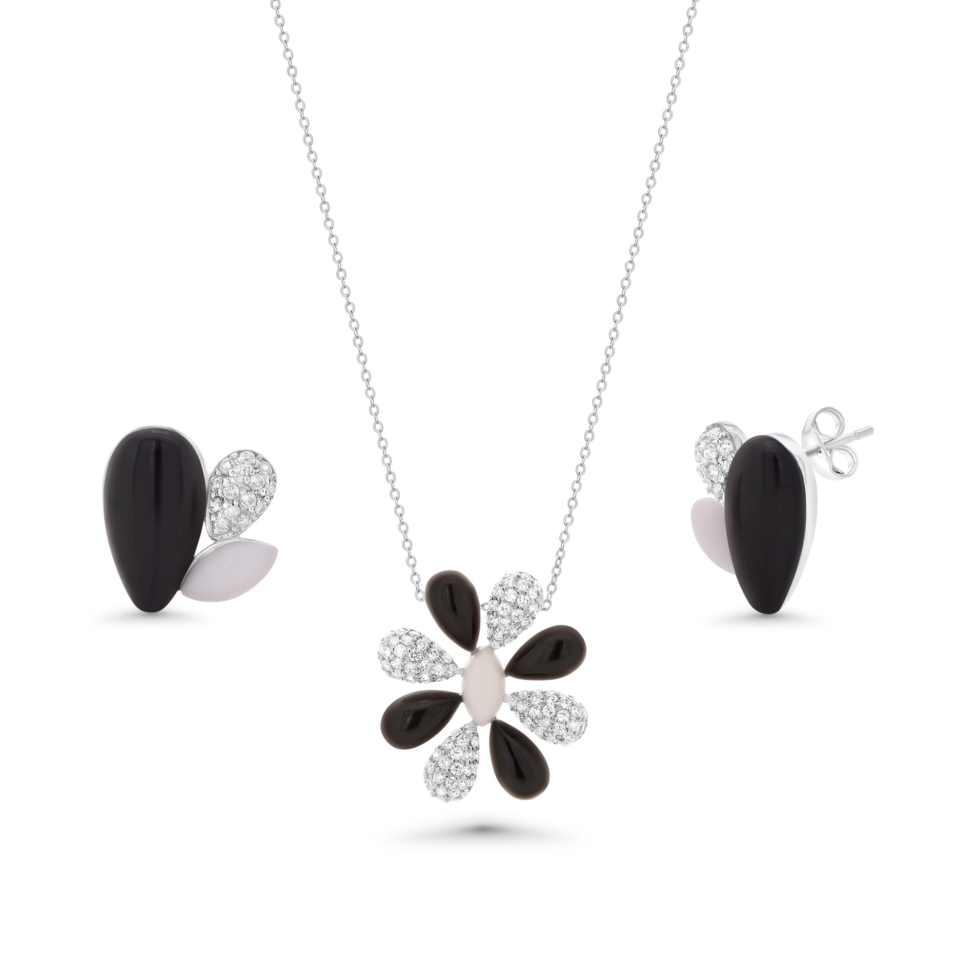 Clearance-Silver 925 Rhodium Plated Black Onyx White Enamel Clear Flower CZ Stud Earring and Necklace Set - BGS00088