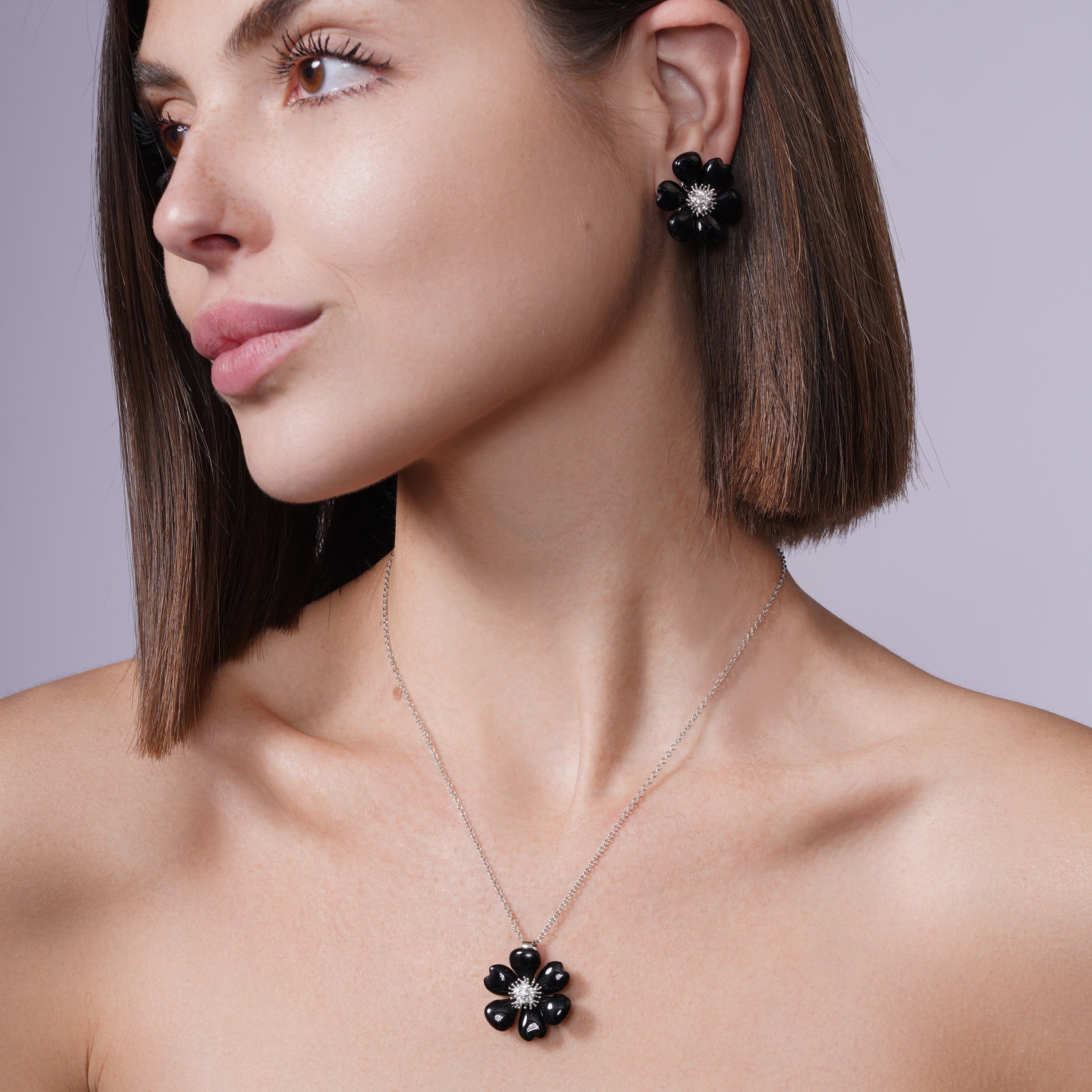 Clearance-Silver 925 Rhodium Plated Black Onyx Flower Clear CZ Stud Earring and Necklace Set - BGS00097