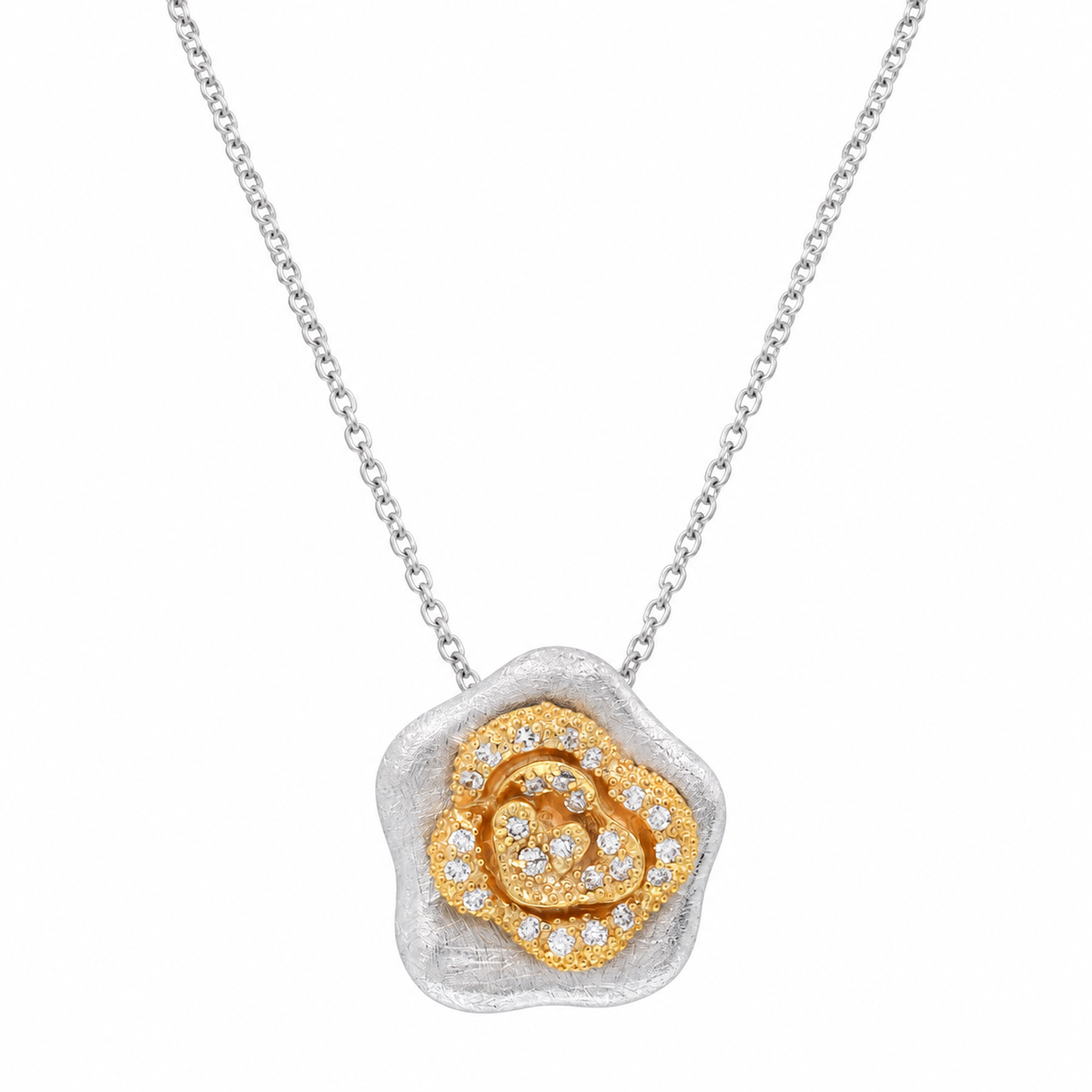 Clearance-Two-Tone 925 Sterling Silver Flower Clear CZ Stud Earring and Necklace Set - BGS00114