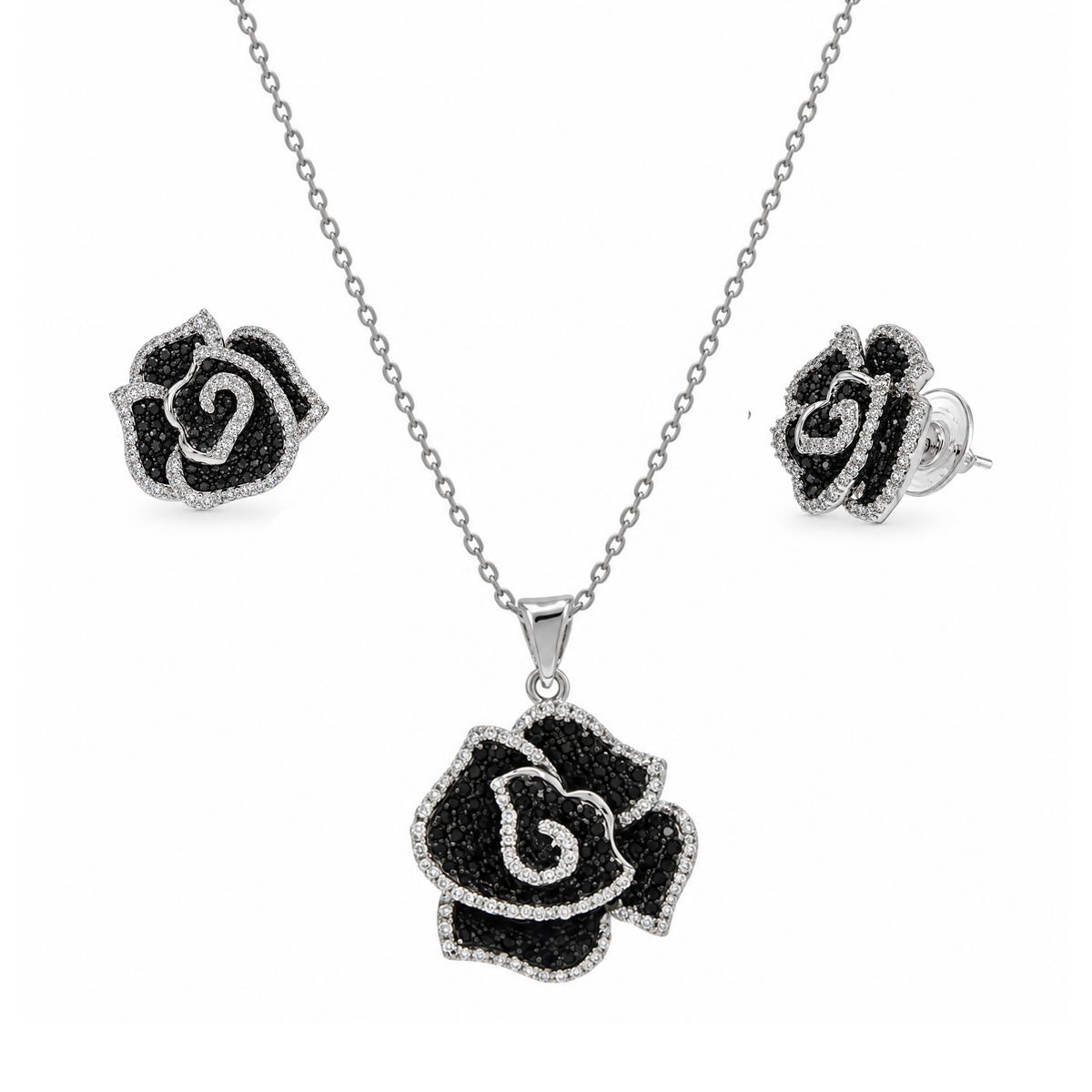 Juego de pendientes a juego con circonitas cúbicas negras y transparentes en plata de ley 925 con baño de rodio y rodio negro - BGS00115