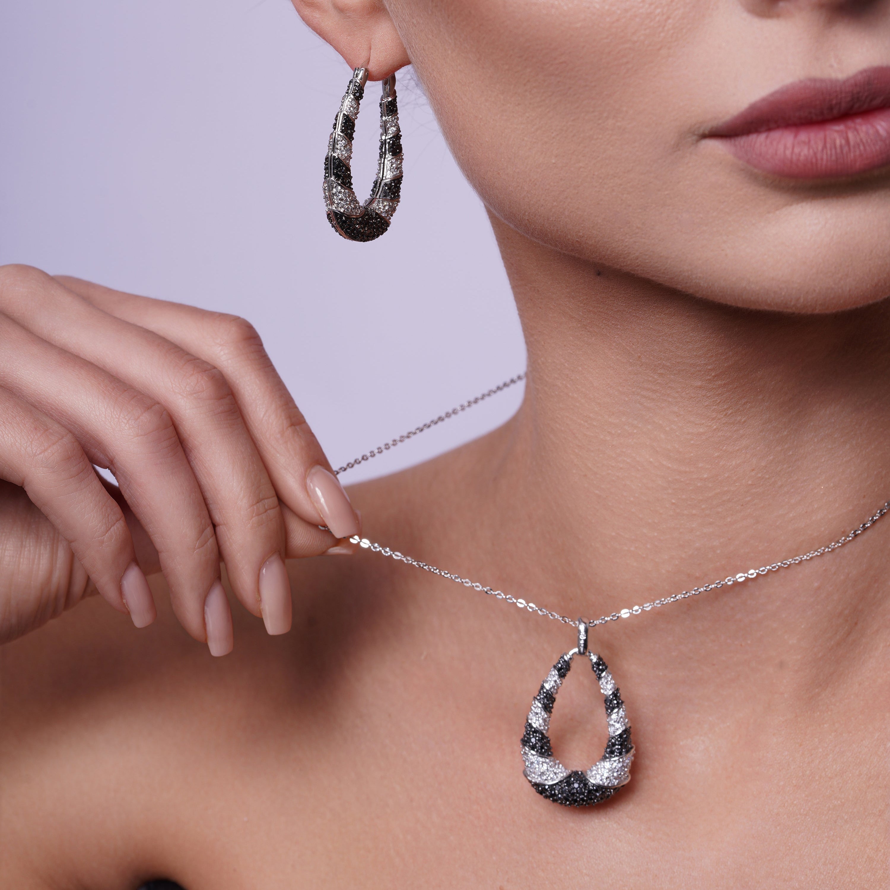 Clearance-Silver 925 Rhodium and Black Rhodium Plated Black and Clear Open Teardrop CZ Hoop Set - BGS00116