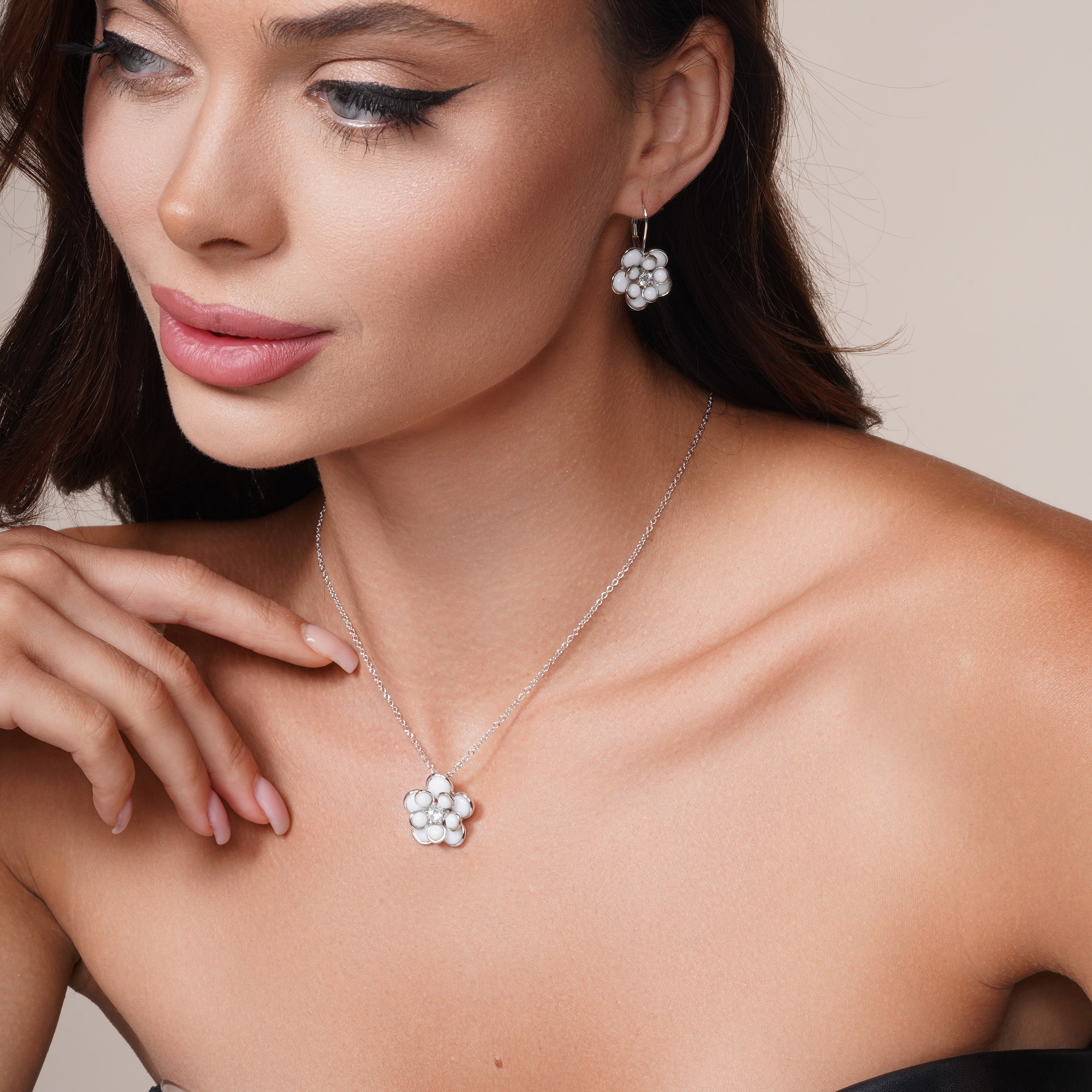 Clearance-Silver 925 White Enamel Clear CZ Center Flower French Clip Earring and Necklace Set - BGS00118